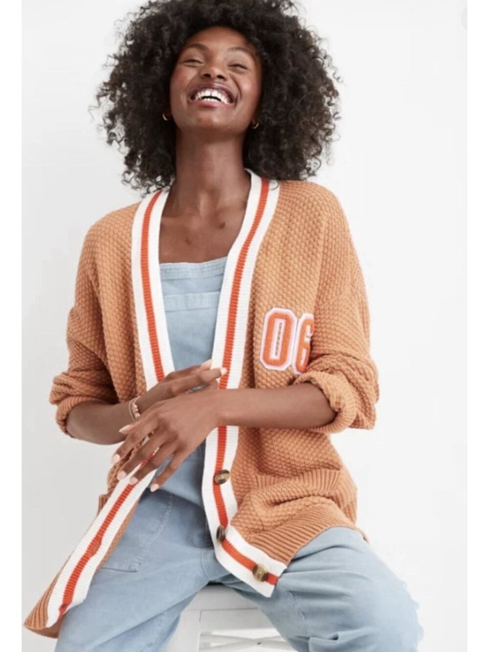 Aerie Sz S Oversized Varsity Cardigan Hazel Brown Waffle Knit Sweater Patch 06